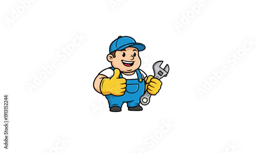 Cartoon Mechanic Mascot Giving Thumbs Up and Holding Wrench