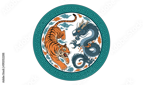 Roaring Tiger and Asian Dragon Confrontation in Circle Frame Vector Art