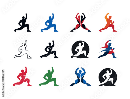 full-body workout. Icon set. Set Logo of full-body workout: dynamic athlete pose. harmonious logo variations of the same emblematic concept,