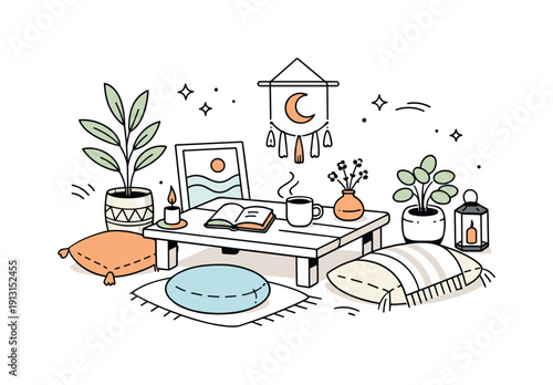 Bohemian living corner. Floor cushions, a low table, plants and soft textiles creating a relaxed nook. Calm comfort, slow living and artistic