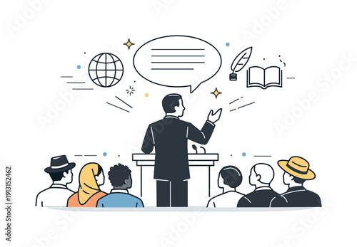 Historic Speech Moment. Famous historical speeches. A speaker standing at a podium addressing a diverse audience, calm yet powerful atmosphere. Emphasis on