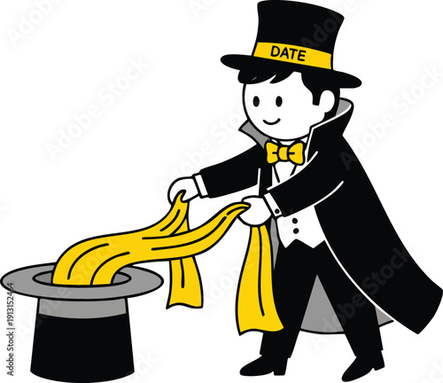 Magician in top hat pulling yellow scarf from hat