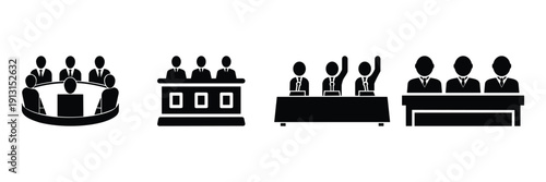 Jury and Committee Icon Set in Line Art and Silhouette Style, Vector Illustration of Legal Panel and Courtroom Decision Making