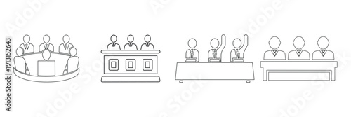 Jury and Committee Icon Set in Line Art and Silhouette Style, Vector Illustration of Legal Panel and Courtroom Decision Making