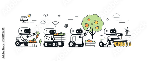 Future of farming. Multiple small robots harvesting crops together, calm teamwork and efficiency. The scene reflects innovation,
