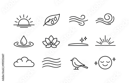 Morning Freshness. Line icon set of Morning Freshness: rising sun, dew covered leaf, cool breeze lines, fresh air swirl, water droplet halo,
