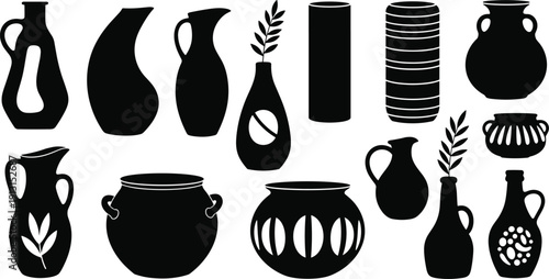 Black ceramic vase silhouettes set with pottery jars and decorative containers vector