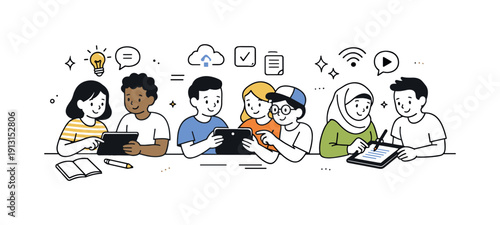 Collaborative Classroom Learning. Blended learning in class. Students collaborating in small groups with shared tablets and digital notes. The illustration