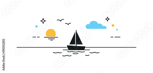 Lonely Sailboat Silhouette. Lonely sailboat view. A small sailing boat silhouetted against sky and sea meeting at the horizon. Clean editorial composition with