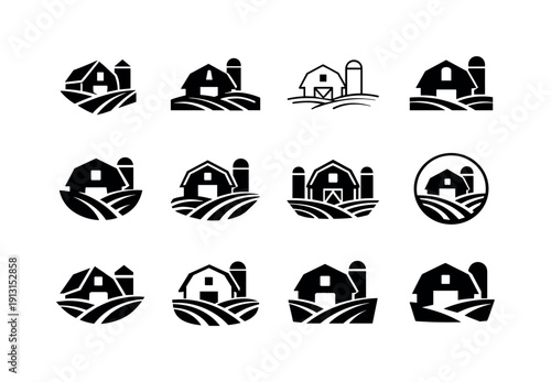 Farmers. Icon set. Set Logo of Farmers: barn silhouette. harmonious logo variations of the same emblematic concept, each with different