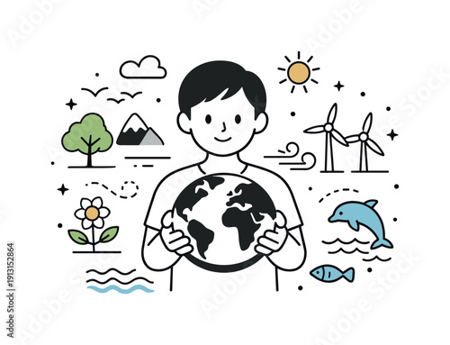 Climate change awareness. A person holding a globe with small icons of nature, wind, and water surrounding it. The scene feels thoughtful,