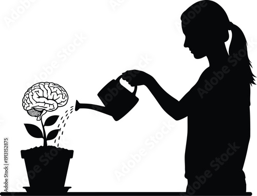 Silhouette of a women  watering a growing plant whose blossom has become a fully formed human brain symbolizing knowledge development