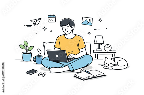 Freelance Work Harmony. Remote freelance work lifestyle. A freelancer working from home with a laptop and notebook, relaxed posture and quiet productivity.