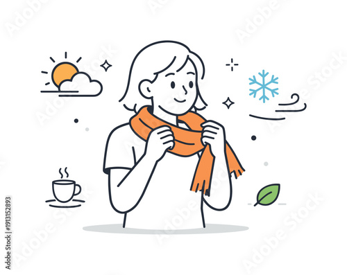 Sudden temperature drops in daily routine. A person holds a scarf, sweater, or jacket unexpectedly, responding to changing weather. Everyday
