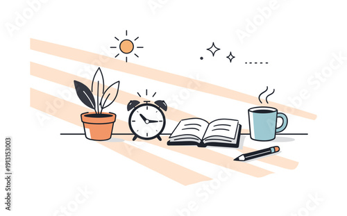 Warm shadow overlays. Editorial scene with simple objects gently intersected by warm shadow bands. Quiet interior mood, slow time feeling,