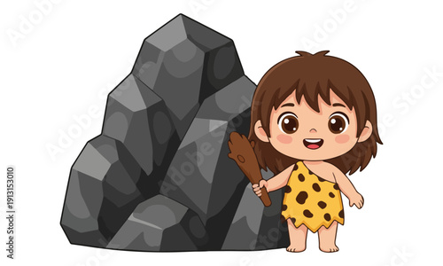 Stone Age Child Character Holding Wooden Club Next to Rock