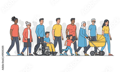 Diverse multiethnic crowd walking, including disabled and elderly