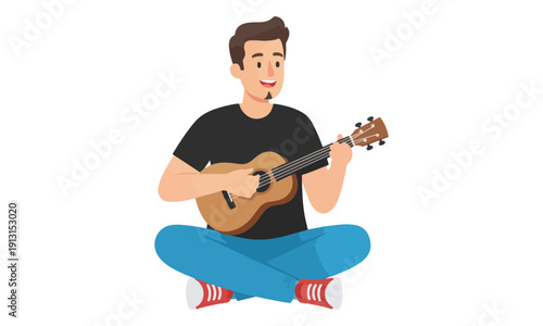 Guy Playing Ukulele Sitting Cross-Legged on White Background
