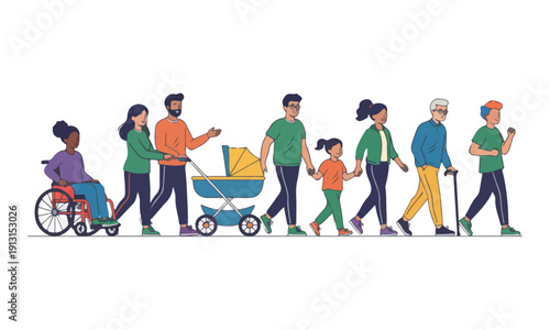 Inclusion and Diversity Concept Illustration of Multi-ethnic People Walking