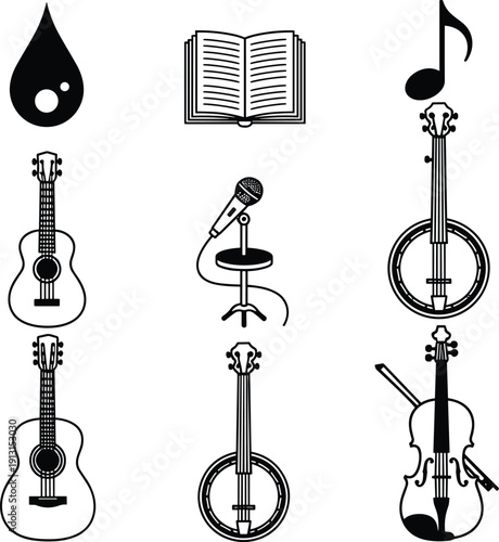 Black music instrument icons set, guitar banjo violin microphone book note vector illustration isolated on