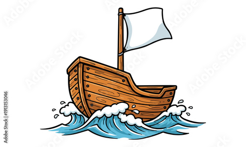 Cartoon Wooden Boat with White Flag Riding Ocean Waves Illustration
