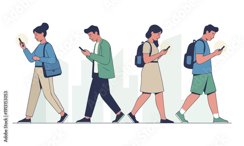Young People Walking and Using Smartphones, Distracted by Mobile Phone