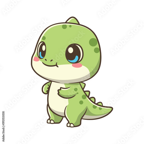 Shy green dinosaur looking sideways with a tiny curious facial expression