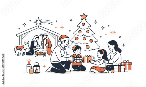 Christian holidays and their traditions. Christmas moment with a family exchanging gifts near a simple tree and nativity symbols. Warm