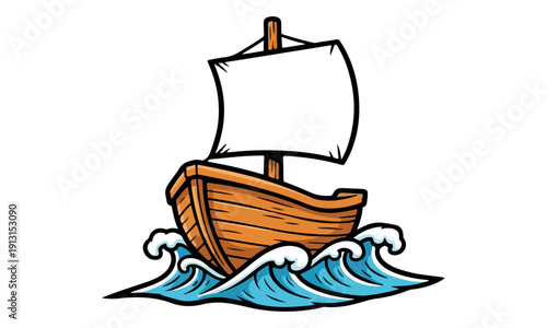 Wooden Boat with Blank Sail Riding Blue Waves Cartoon Logo Illustration