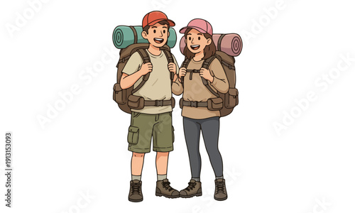 Backpacking Couple Smiling Ready to Hike Isolated Cartoon Illustration