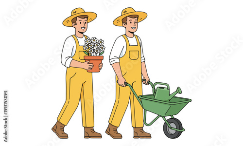 Male Gardeners Carrying Potted Flowers and Pushing Wheelbarrow