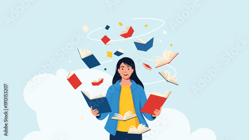 Joyful young woman surrounded by many magical flying books representing her passion for reading and lifelong learning.