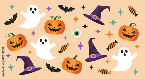 Halloween Whimsy: A whimsical collection of Halloween icons and illustrations, including Jack-o'-lanterns, ghosts, bats, witch hats, and candies.
