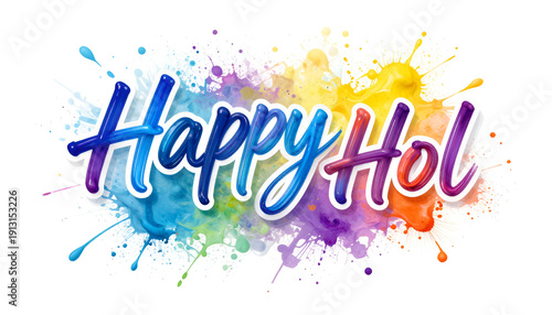 Handwritten calligraphic brush stroke colorful acrylic paint lettering of Happy Holi