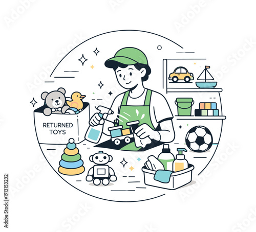 Circular toy rental maintenance. A worker or volunteer calmly cleaning and organizing returned toys in a soft-lit, structured environment.