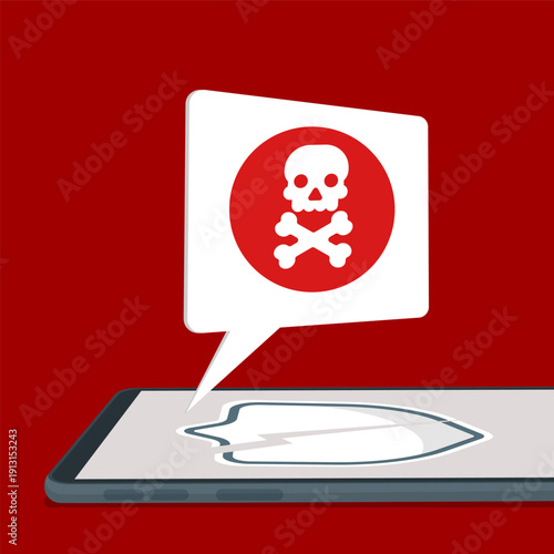 Malware warning on smartphone screen with skull alert and broken shield, symbolizing cyber attack, data breach and online security threat.