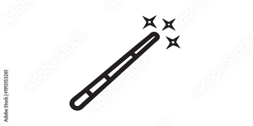 WebMagic wand icon, flat black and white, tip with sparkles, isolated, minimal, outline style, simple design