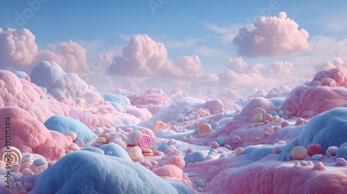 Surreal Candy Land Landscape with Cotton Candy Hills and Sweets