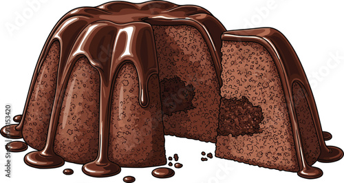 Chocolate bundt cake with dripping glaze and sliced piece, delicious dessert illustration, sweet bakery food vector isolated