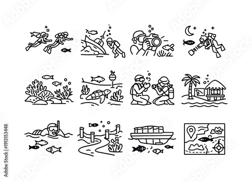 Underwater tourism experiences. Line icon set of Underwater tourism experiences: guided dive tour, shipwreck diving, underwater photography,