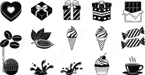 Chocolate dessert and gift icon collection with candy cocoa ice cream cupcakes and coffee, black vector food symbols isolated on white background