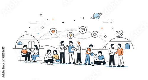 Community life on a distant planet. People gather in a shared space between habitats, talking and collaborating. Belonging, mutual support,