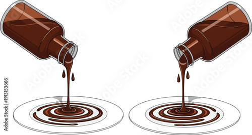 Chocolate syrup pouring from glass bottle onto plate, sweet dessert topping illustration with dripping cocoa sauce isolated on white background