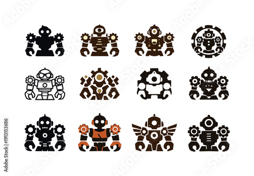Steampunk Robot Logos. steampunk robots. Icon set. Set Logo of steampunk robots: mechanical limbs automaton. harmonious logo variations of the same emblematic