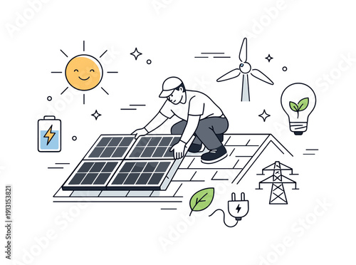 Renewable energy transition. A person installing solar panels on a rooftop while sun symbols and energy icons appear gently nearby. Practical