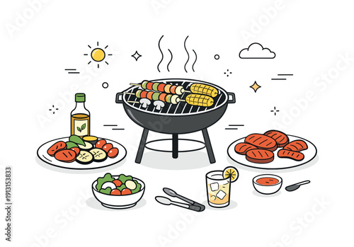 Summer grilling scene. Freshly grilled vegetables and meat prepared outdoors, calm barbecue atmosphere. Simple grill, plates, and abstract