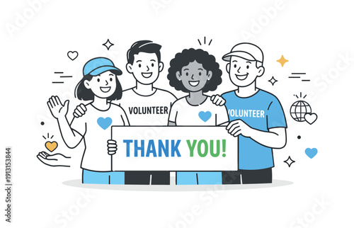 Volunteer impact and gratitude. Volunteers standing together smiling, holding a simple thank you sign, sense of fulfillment and positive