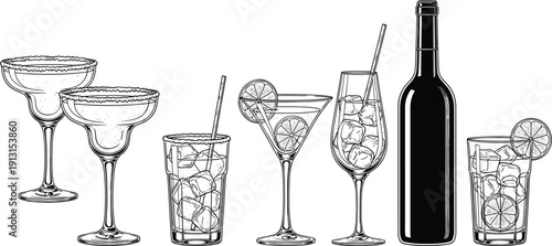 Cocktail glass collection illustration, alcoholic drinks set, bar beverage glasses, wine bottle, lime garnish, black line art