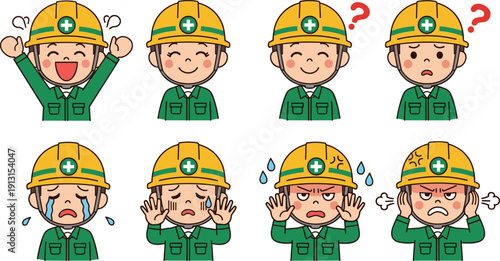 Construction worker cartoon emotion set, safety helmet character expressions, happy confused sad angry crying illustration collection for safety training design