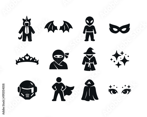 Fantasy dress-up. Solid icon set of fantasy dress-up: unicorn costume, dragon wings, alien outfit, superhero mask, princess tiara, ninja